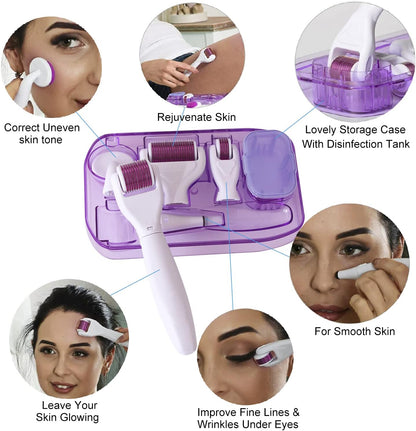 6 In 1 Derma Roller kit, Cosmetic Micro-Needling Instrument Skin Care Tool for Stretch Marks Wrinkles Acne Scars Hair Loss Regrowth with 4 Titanium Needle Heads Silicone Brush and Disinfecting Tray