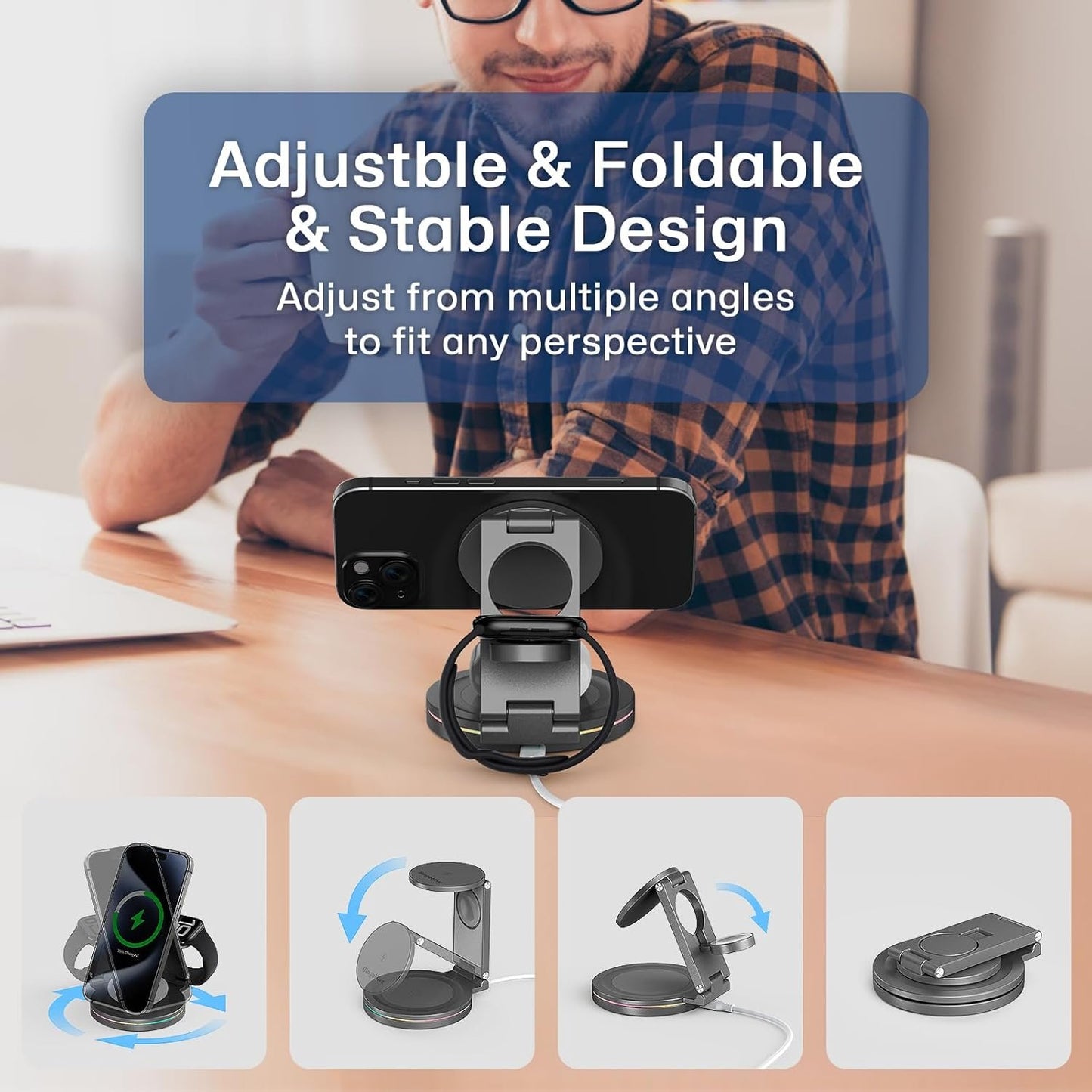 3 in 1 Wireless Charger Station for iPhone & Apple Watch & AirPods, 360 Rotating 10W Fast Charging Station Compatible with iPhone 12-16 Series Zinc Alloy Foldable Charger Stand with Magnetic
