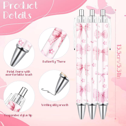 Wxiben Coquete Bows Ballpoint Pens - 24PCS Pink Ribbon Bows Pens Set Cute Cherries Smooth Writing Pens Retractable Pink Conquette Bow Pen for Office Stationery School Supplies for Women Teacher Gifts