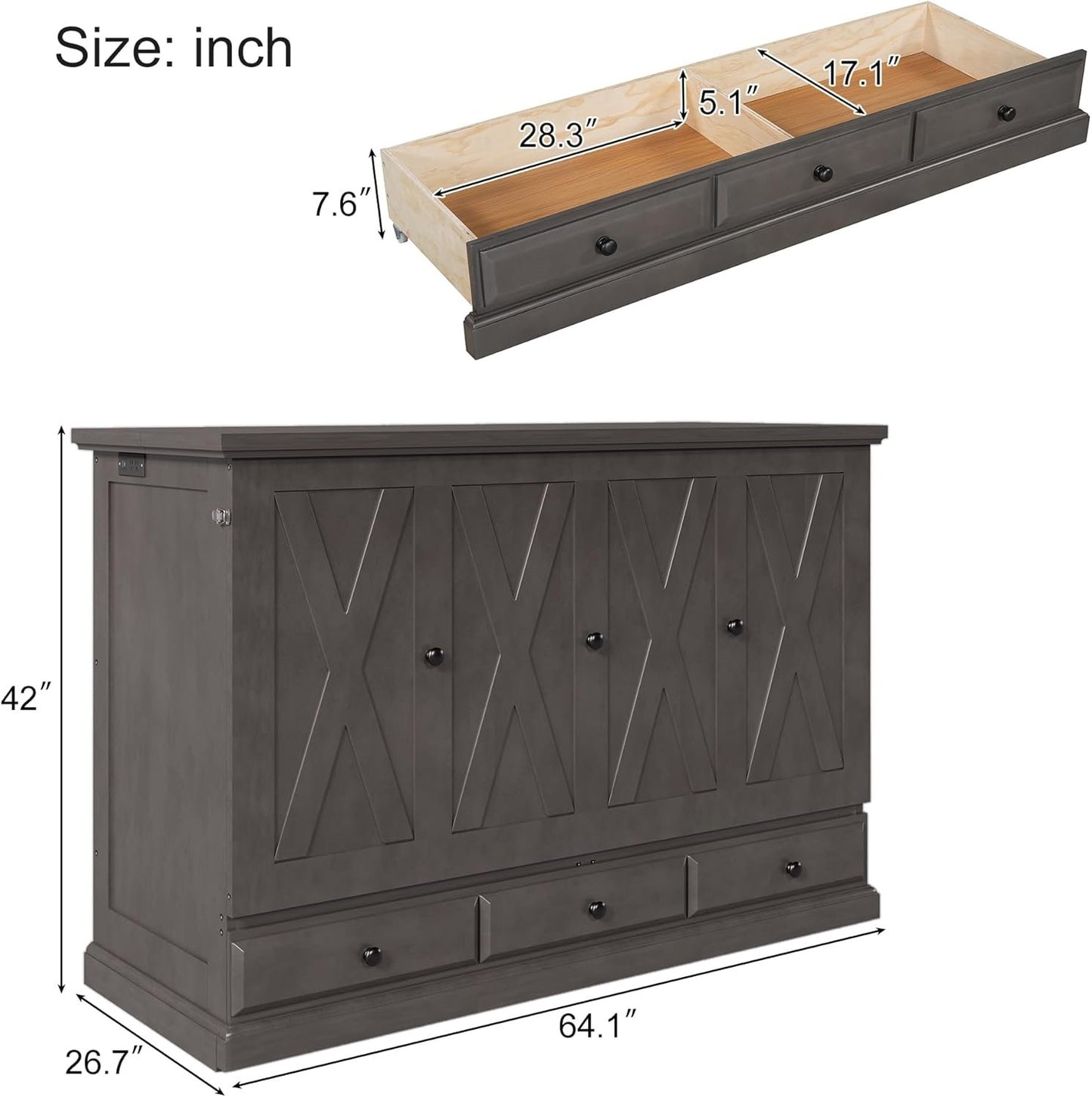 GDFStudio Queen Size Farmhouse Style Murphy Bed Cabinet with USB Charging Port, Solid Pine Wood Foldable Chest Bed with Large Storage Drawer for Guest Room, Small Apartment, or Home Office, Gray