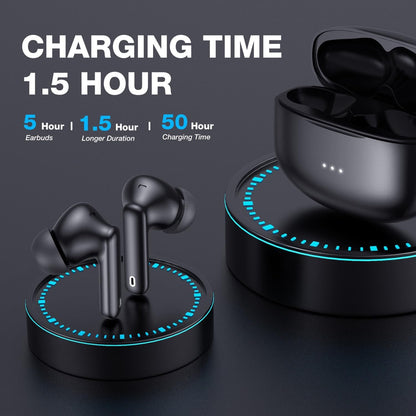 HKERR Bluetooth Headphones True Wireless Earbuds with Charging Case 50H Playback LED Power Display Earphones IPX7 Waterproof in-Ear Headphones with Mic for Laptop Pad Phones Sports Workout