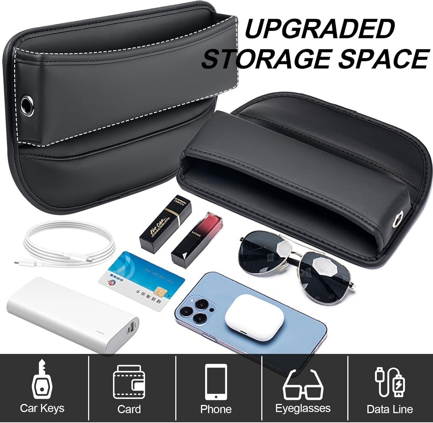 2 Pack Car Seat Gap Organizer, Leather Car Front Seat Gap Filler Car Seat Storage Bag for Phone/Keys/Cards, Car Center Console Side Pockets Gap Stop Things Pads, Car Interior Accessories for Sedan SUV