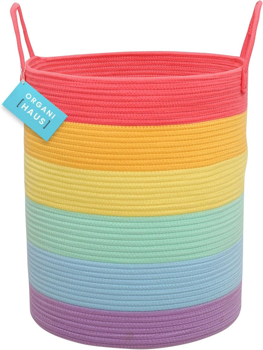 OrganiHaus Rainbow Cotton Rope Storage Basket w/Handles 38x45cm, Colorful Room Decor, Kids Toy Box for Organizing, Rainbow Bins for Nursery Playroom Classroom Organization, Kids Laundry Basket