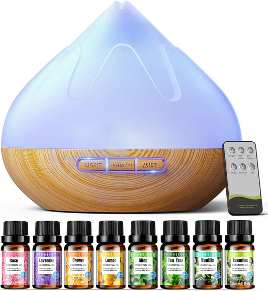 Aroma 500 ML Diffiser with Essential Oils Set, Essential Oil Diffuser with Remote Control, Humidifier with 14 Color Lights for Large Room, 4 Timer Setting, Auto Shut-Off