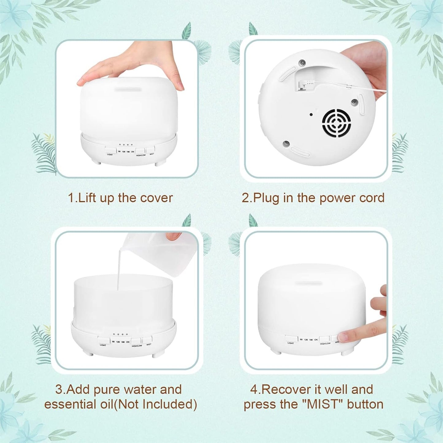 Husdow Essential Oil Ultrasonic Aromatherapy Diffuser with Remote Control 500ml Waterless Auto Shut-Off Humidifier Diffuser with 4 Timer and Changing Light for Home Yoga Office Kitchen Bedroom