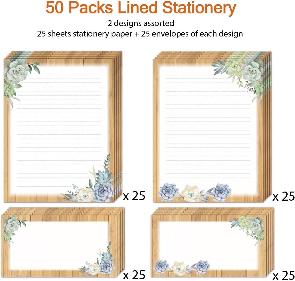 Lined Stationery Set - 50 Writing Paper and 50 Envelopes, 8.5 x 11 Inch Succulent Lines, 2 Designs Assorted Letter Writing Paper