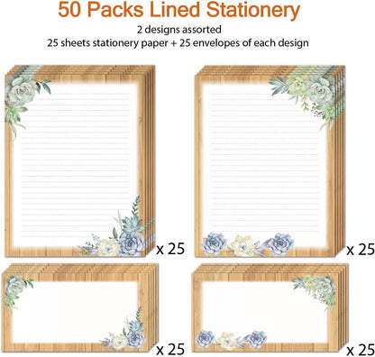 Lined Stationary Set with Envelopes 50 Writing Stationary Paper and 50 Envelopes - 8.5 x 11 Inch Succulent Lines Stationary Set Letter Writing Paper, 2 Designs Assorted Stationery Paper Set
