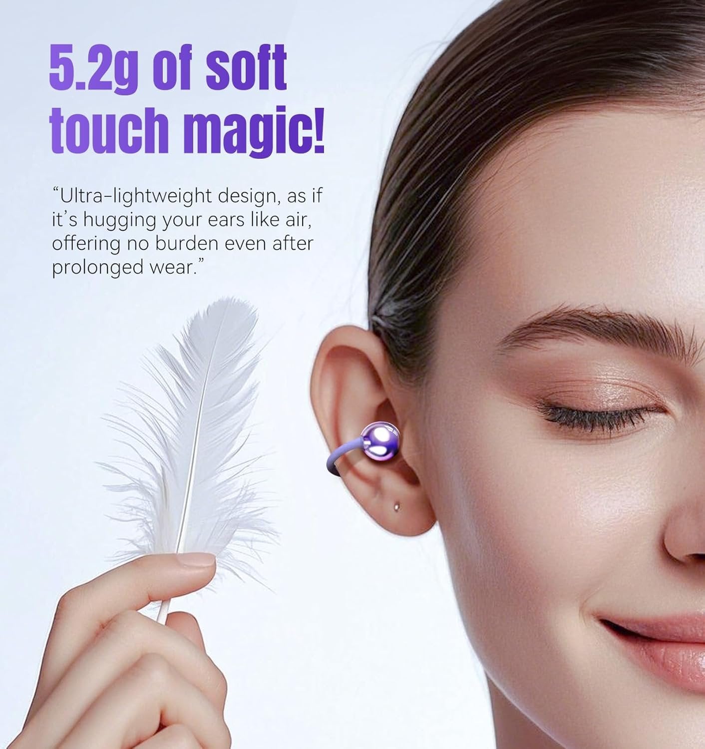 King Lucky Open Ear Earbuds Wireless Bluetooth 5.4 Clip-on Headphones with Mic - 50H Playtime, Ipx5 Waterproof - Ideal for Sports & Workouts, Comfortable for Small Ears & Glasses Wearers (Purple)
