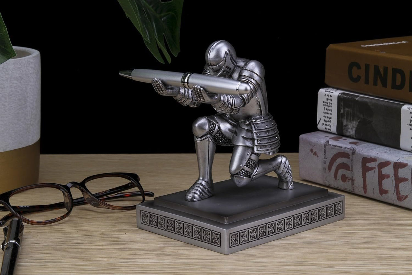 Amoysanli Knight Pen Holder Desk Organizers and Accessories Desk Decor Resin Pen Holder as Gift with a Cool Pen for Office and Home (Silver)