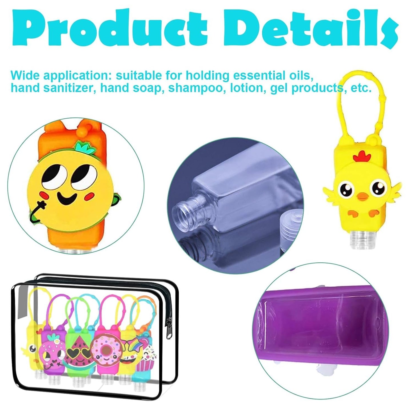 egniFurn 8 Pcs Cartoon Travel Bottles Set for Toiletries, 30ml Leakproof Refillable Containers with Silicone Cases & Keychains - Fun Fruit & Animal Shapes, Includes PVC Storage Bag