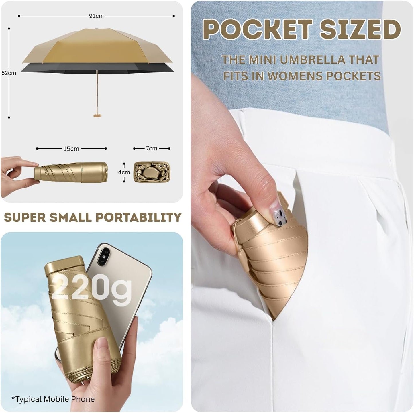 Mini Sun Umbrella with 6-Rib Golden Frame | UPF 50 UV Protection Folding Parasol | Compact Travel Umbrella for Women & Kids | Lightweight Windproof for Beach Golf Outdoor