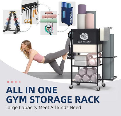 Yoga Mat Storage Rack, Home Gym Equipment Organizer on Wheels - Fitness Weight Rack for Mats, Blocks, Foam Rollers, Resistance Bands, Dumbbells, Kettlebells and More