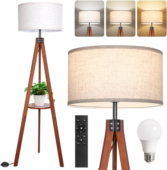 OUTON Dimmable Wood Tripod Floor Lamp with Shelves, Remote Control, Mid Century Modern Standing Lamp 58.5" for Bedroom, Living Room & Office, Beige Lamp Shade Include E26 9W Bulb