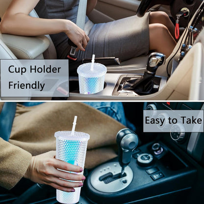 24oz Studded Tumbler with Lid & Straw,Glitter Reusable BPA Free Plastic Textured Water Bottle Drinking Cup,Double Wall Mug,Travel Friendly Water/Iced Coffee/Smoothie,Perfect for Home&Outdoor (White)