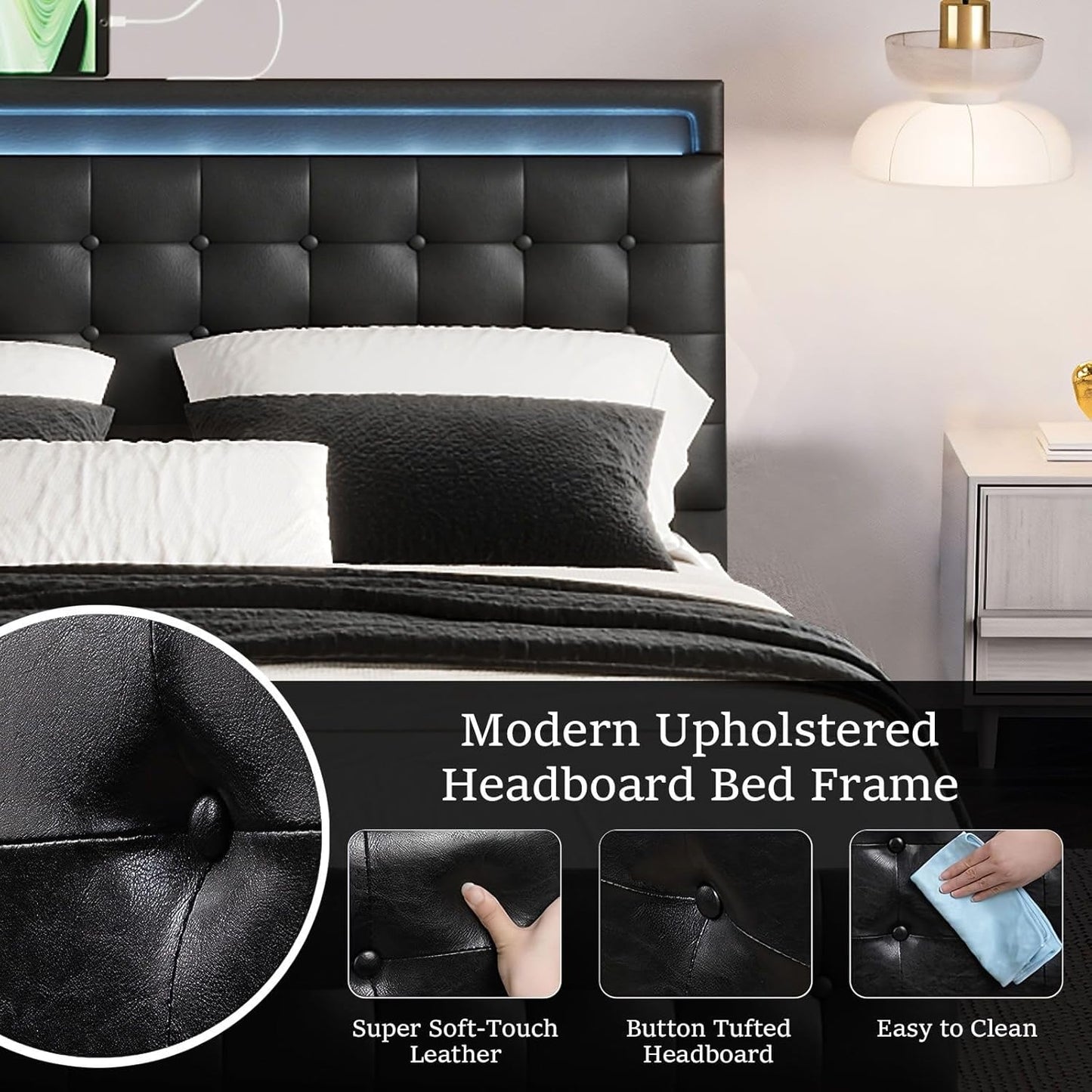 Luxsuite Queen Size Bed Frame Metal Mattress Base Wooden Platform Foundation with PU Leather Headboard BedHead Sleep Bedroom Furniture Black