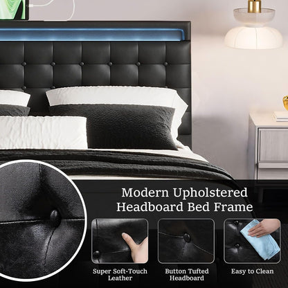 Luxsuite Queen Size Bed Frame Metal Mattress Base Wooden Platform Foundation with PU Leather Headboard BedHead Sleep Bedroom Furniture Black