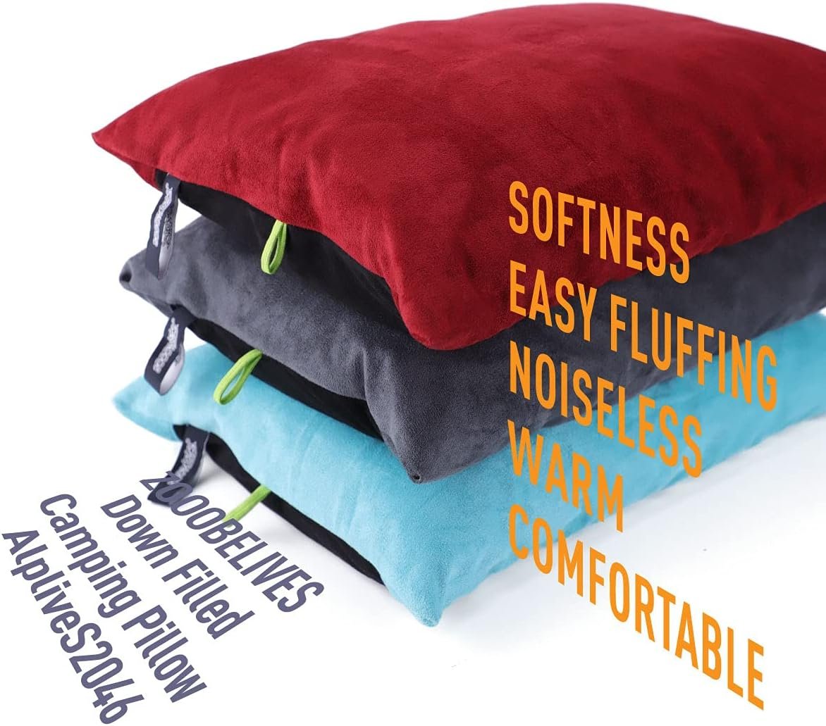 ZOOOBELIVES Down Filled Camping Pillow with Washable Cover, Lightweight Travel Pillow for Neck and Lumbar Support, Compact for Hiking, Backpacking, Camping, and Outdoor Adventures - Alplive S2046