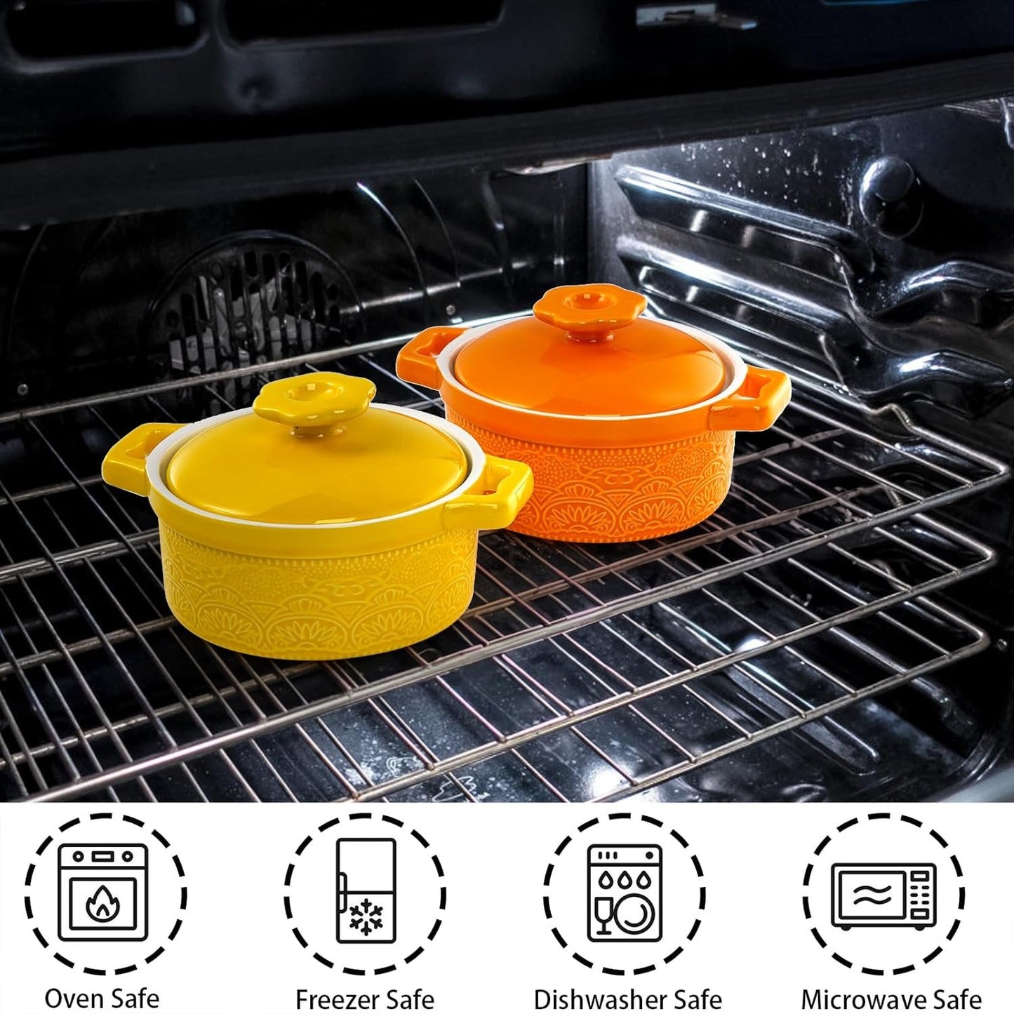 Hacaroa Set of 6 Mini Cocotte with Lid, 8 Oz Ceramic Ramekins with Handles, Small Casserole Dishes Individual Serving Pot for Baking, Soufflé, Soup, Cobbler, Oven Safe, 6 Colors