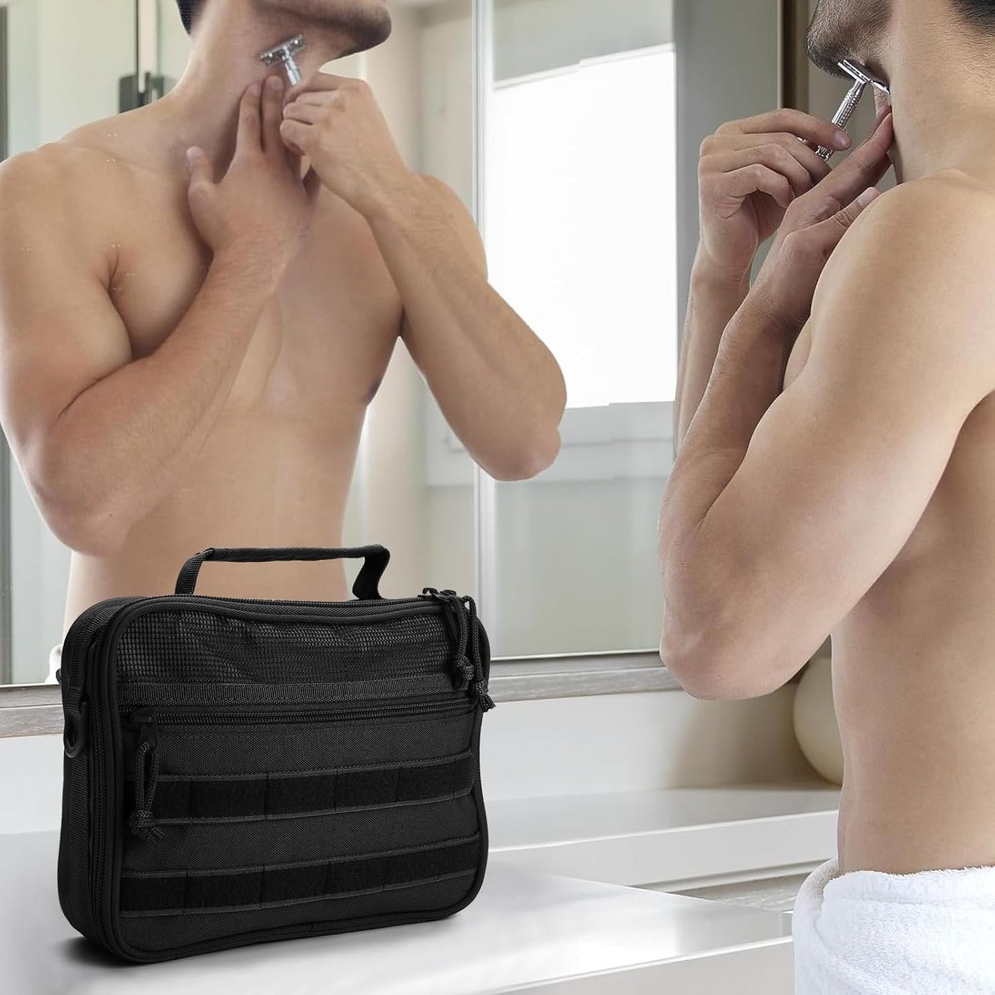SMONT Mens Toiletry Travel Bag With Double Side full Open Design Travel Toiletry Organizer Dopp Kit Shaving Hygiene Bag Bathroom Hanging Toiletry Bag for Short Trips Tactical Toiletry Bag, Black