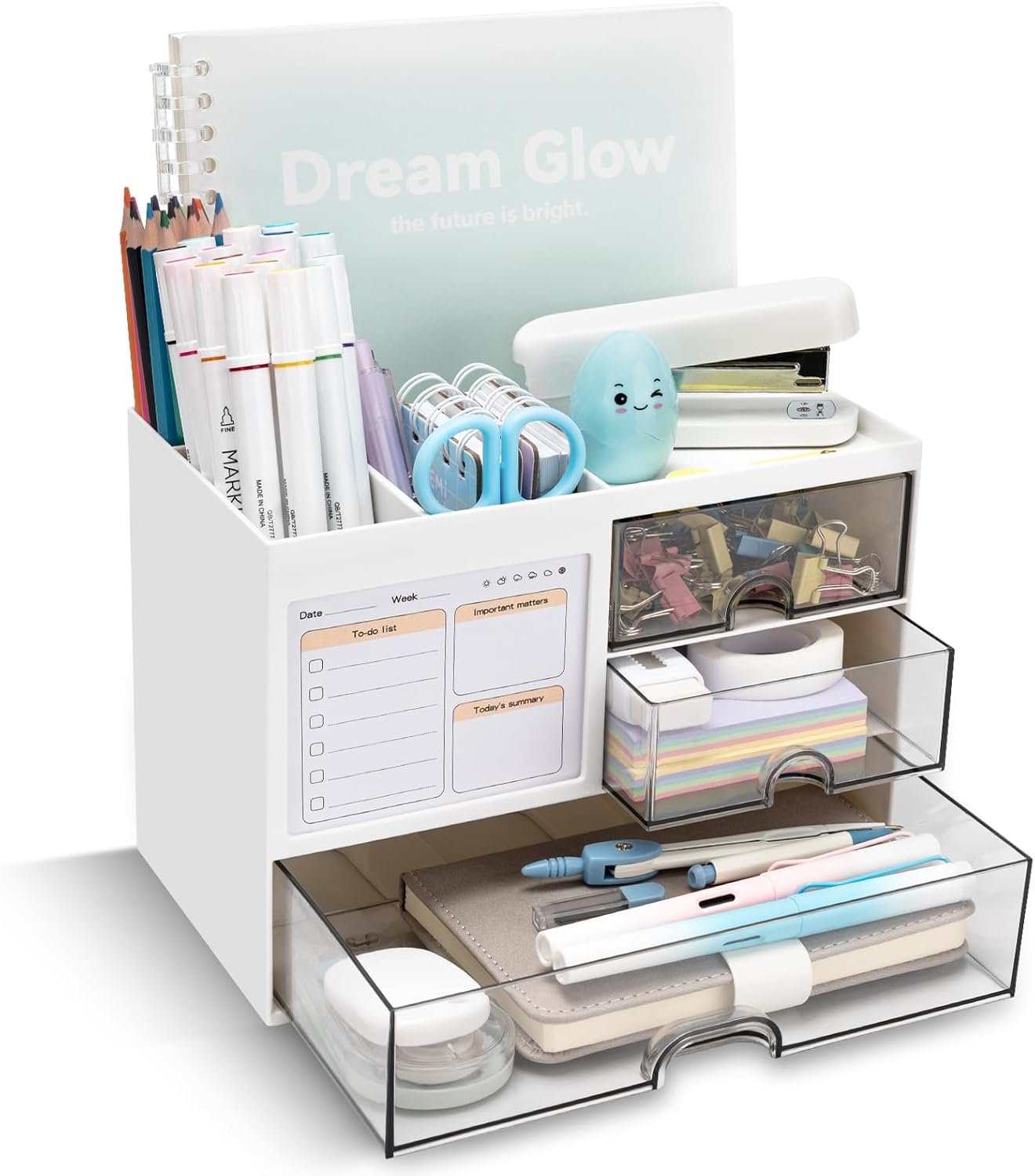 QIYVLOS Desk Organizer with 3 Drawer, Multi-Functional Pencil Pen Holder for Desk, Desk Organizers and Storage with 5 Compartments, Desktop Organizer for Office Home Art Supplies (White)