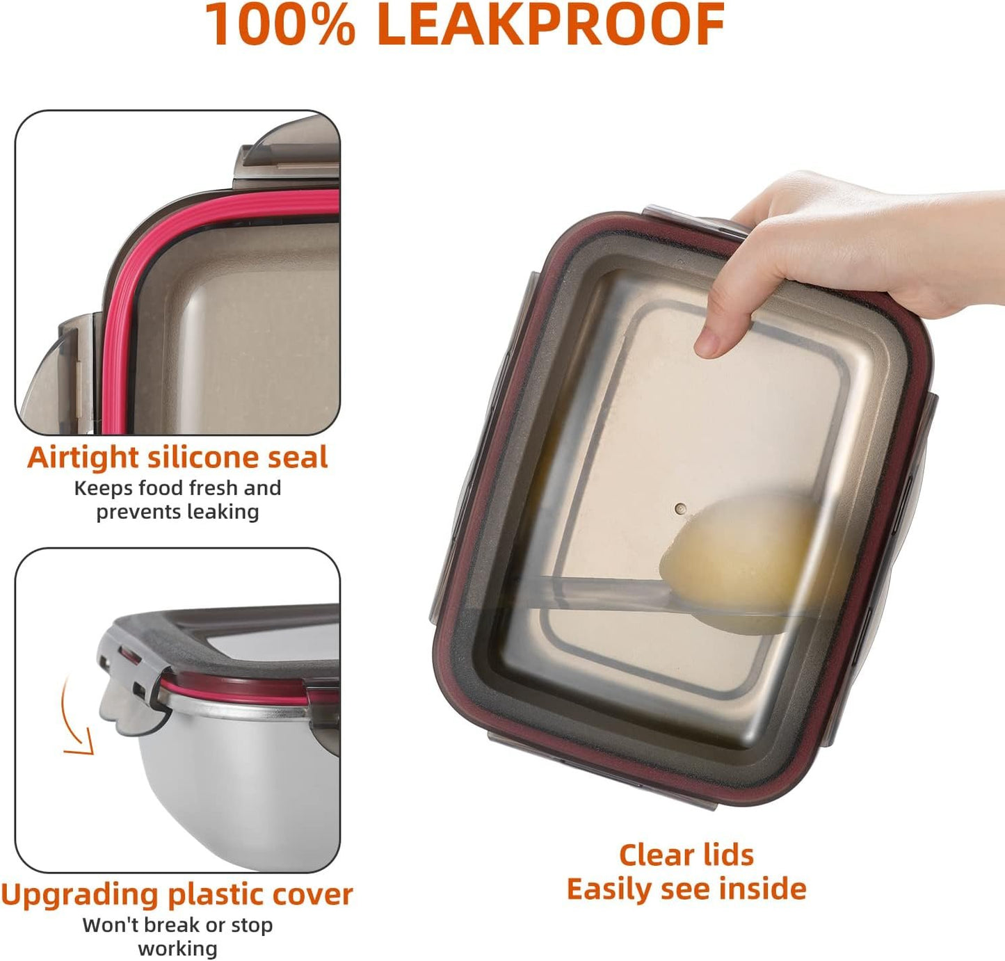 FAB4HOME Leak-proof Stainless Steel Food Storage Container Set of 3 Meal Prep Food Container with Lids Metal Fresh Storage Container for Freezer Oven Dishwasher Safe, 600ml/ 1500ml/ 2900ml Stackable