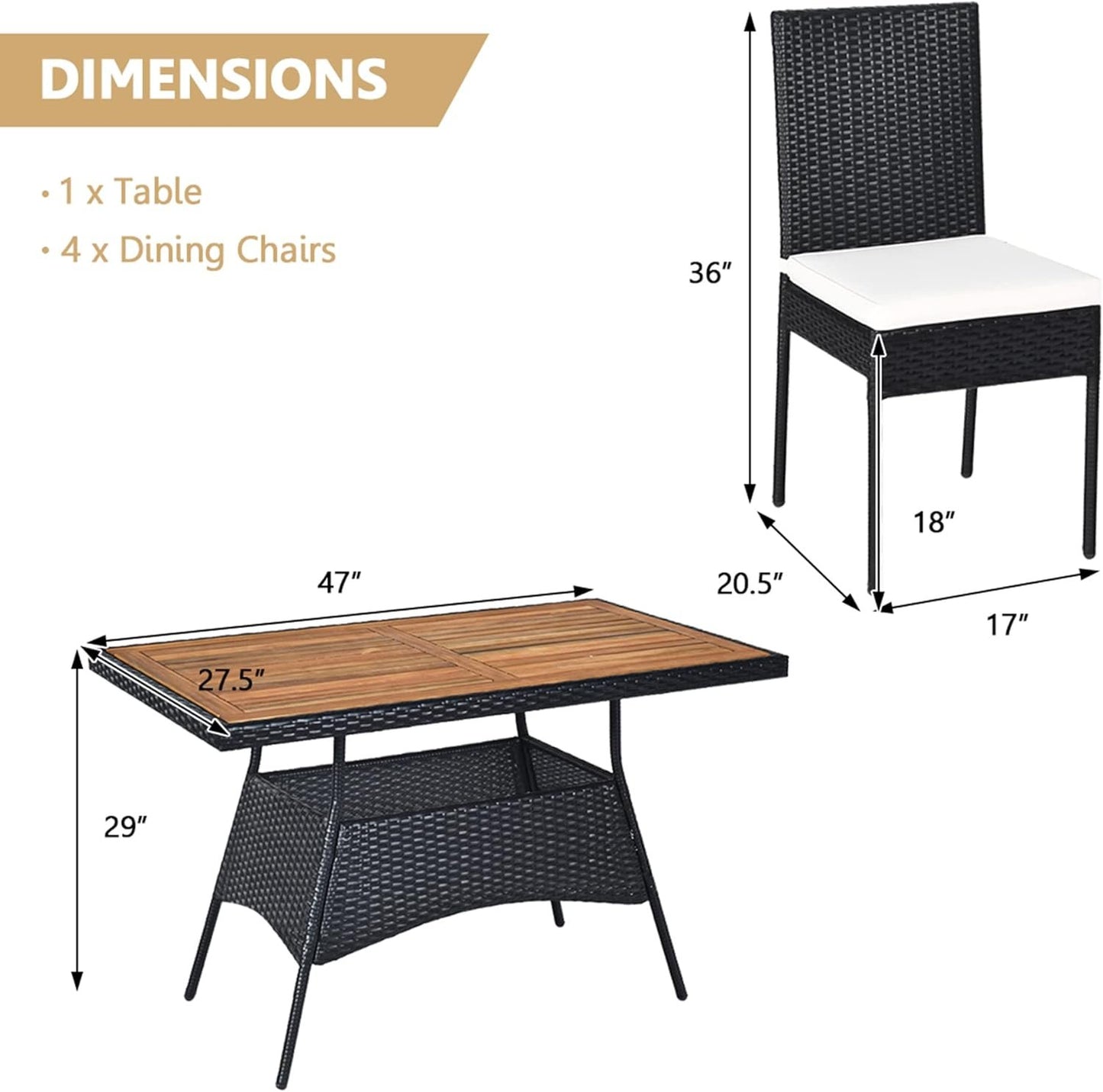 DORTALA 5-Piece Patio Dining Set, Rattan Furniture Set with Acacia Wood Tabletop Table, Chairs, Cushions, Outdoor Wicker Chair & Table Set for Backyard Porch Poolside