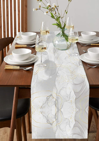 Natural White Grey Marble Stone Table Runners,Linen Cotton Table Runner Dresser Scarves Abstract Agate Gold Stripe Tabletop Scarf for Dining Room Kitchen Holiday Party (White Grey, 33CM*183CM)