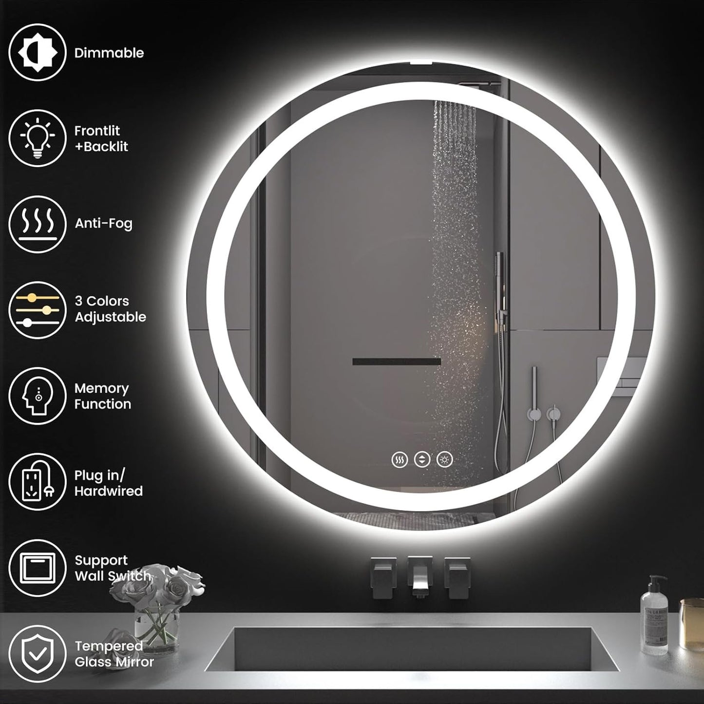Round LED Bathroom Mirror with Lights, Backlit & Front Lighted, Wall-Mounted Vanity Mirror 3000K/4000K/6000K, Memory Functions, Anti-Fog, Dimmable Smart Mirror (Round 24" x 24")