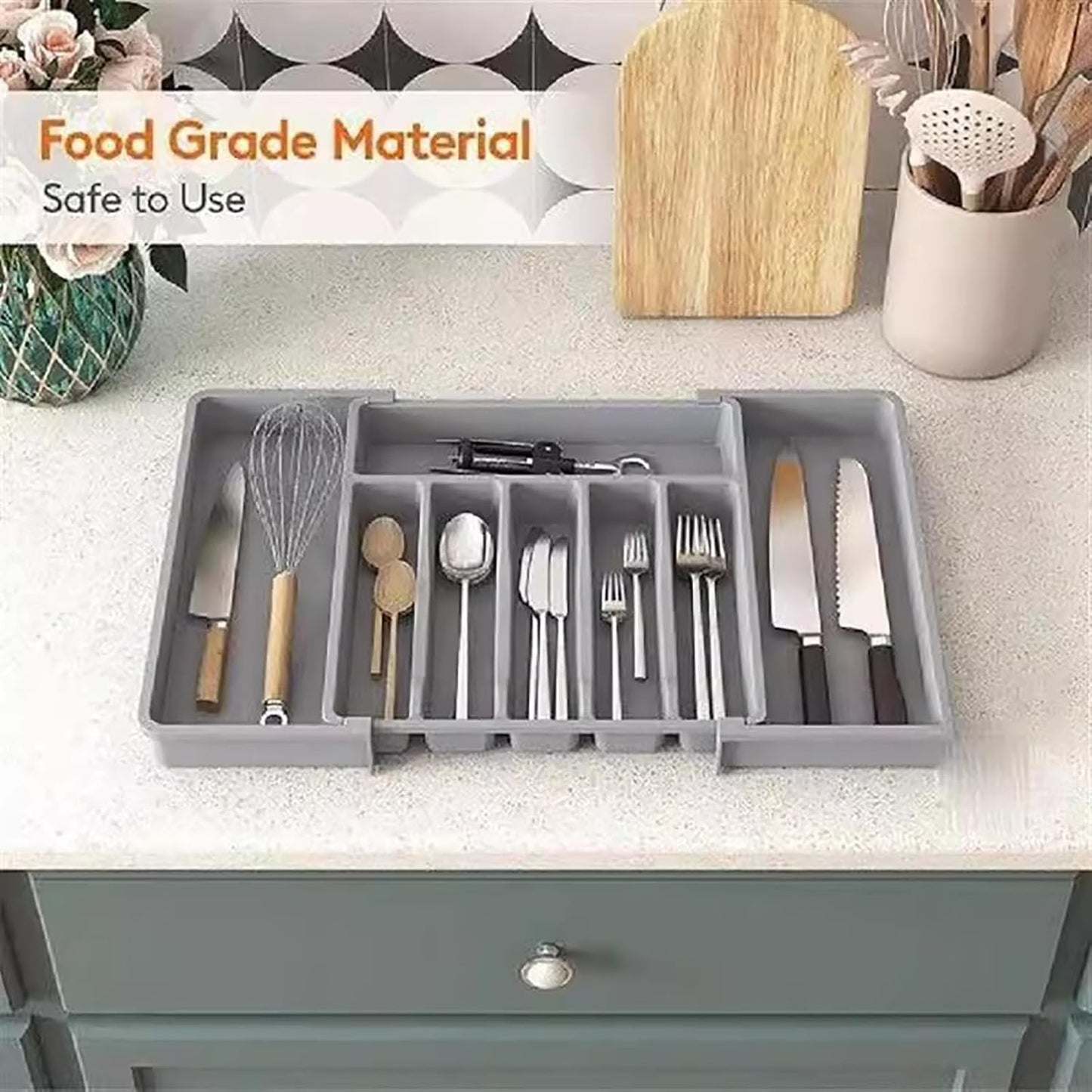 LMX Cutlery Drawer Organizer, Expandable Utensil Kitchen Drawer Organizer,BPA Free Adjustable Plastic Storage Box for Forks, Knives,Tools More (Grey, Large)