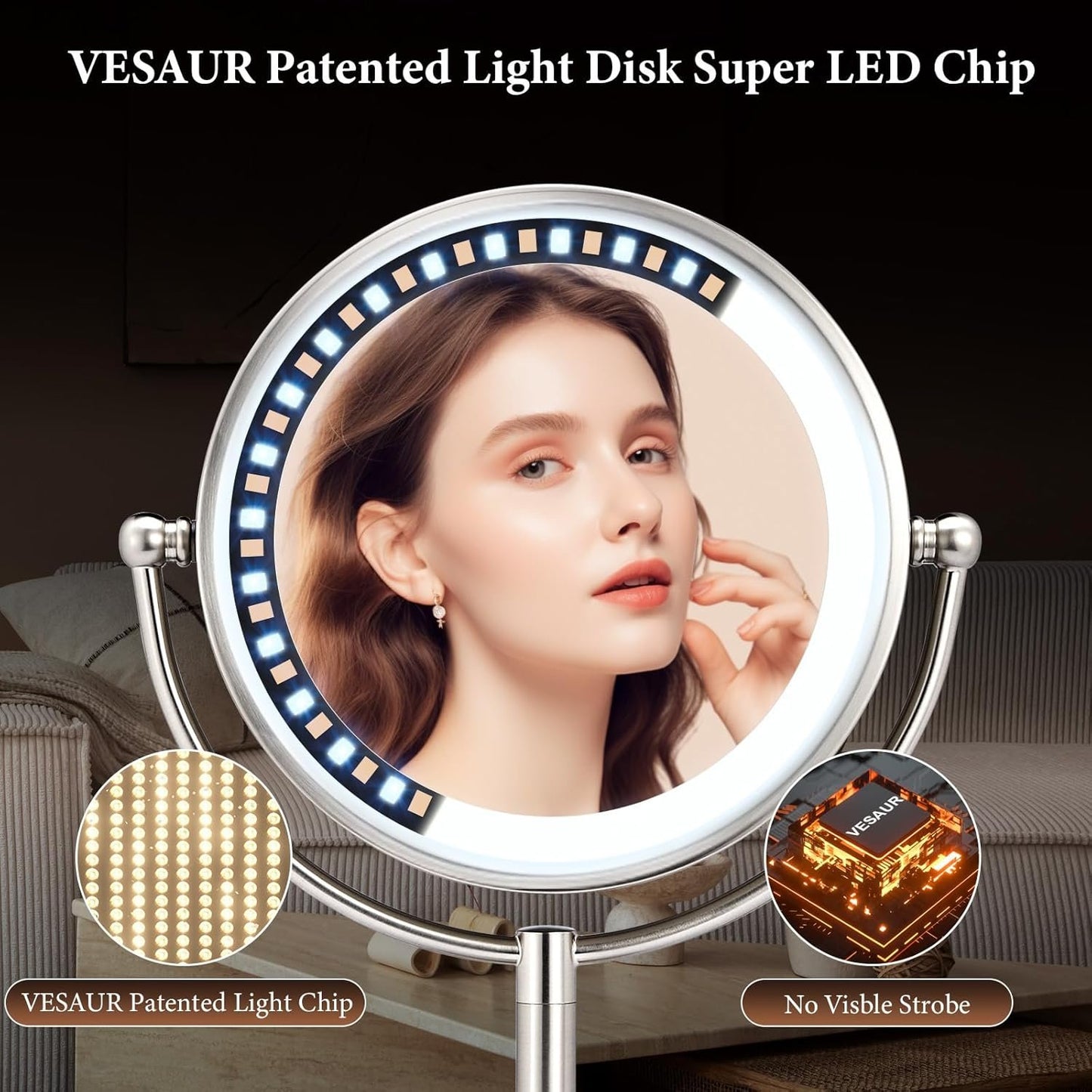 Professional 8.5" Large Lighted Makeup Mirror with Brighter Lights, 1X/10X True HD Magnifying Mirror with 3 Color Dimmable Lights, 80 Shadowless LEDs, 360°Swivel Seamless Vanity Mirror, Pearl Nickel
