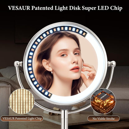 Professional 8.5" Large Lighted Makeup Mirror with Brighter Lights, 1X/10X True HD Magnifying Mirror with 3 Color Dimmable Lights, 80 Shadowless LEDs, 360°Swivel Seamless Vanity Mirror, Pearl Nickel