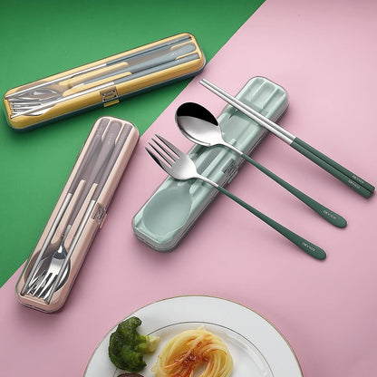 DEVICO Portable Utensils, Travel Reusable Silverware Flatware Set for Lunch, 18/8 Stainless Steel 4-Piece Camping Cutlery Include Fork Spoon Chopsticks with Case (Green-A)