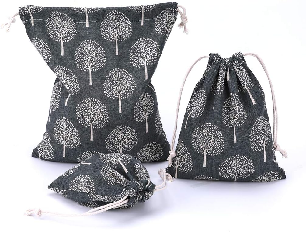 Amoyie Set of 4 Bags Organizer with Drawstring, Canvas Bag for Clothes Toys Travel Accessories (4 Different Sizes) - Grey Tree