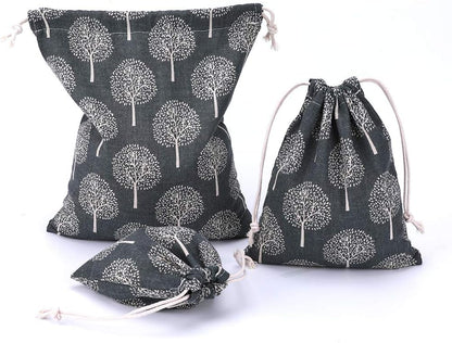 Amoyie Set of 4 Bags Organizer with Drawstring, Canvas Bag for Clothes Toys Travel Accessories (4 Different Sizes) - Grey Tree
