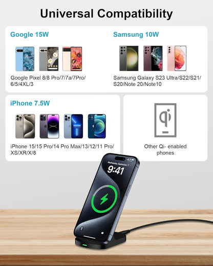 15W Fast Samsung Wireless Charger Stand, Qi Certified Wireless Charging Station for Samsung Galaxy S25 S24 S23 Ultra, Z Fold6, Z Flip5, Android Phone Wireless Charging Stand for iPhone 16 15 Pro Max