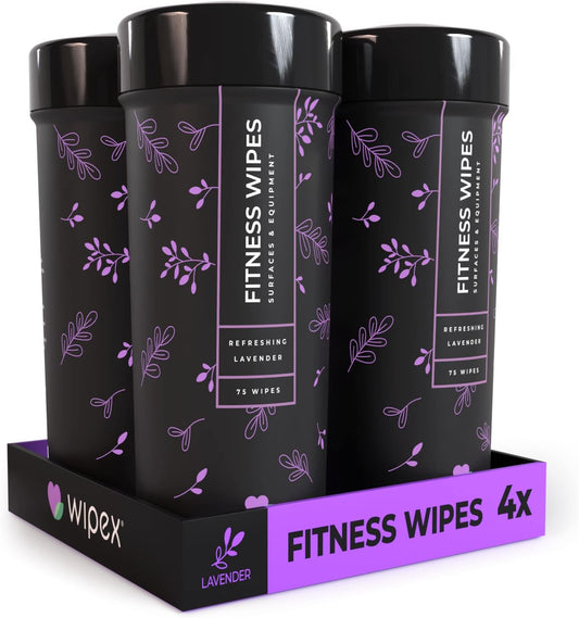 Wipex Natural Gym & Fitness Equipment Wipes for Personal Use - Lavender & Vinegar Scent - for Yoga, Pilates, Dance Studios, Home Gym, Peloton Bike, Sports, Spas (4 Pack/300 Wipes)