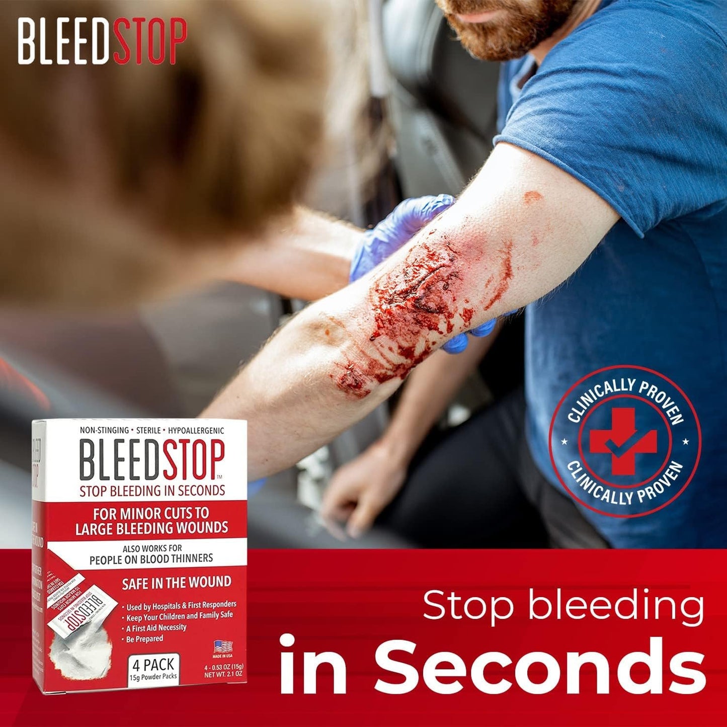 BleedStop First Aid Powder for Blood Clotting, Trauma Kit, Blood Thinner Patients, Camping Safety, and Survival Equipment for Moderate to Severe Bleeding Wounds or Nosebleeds (Double 4 Pack 15g)
