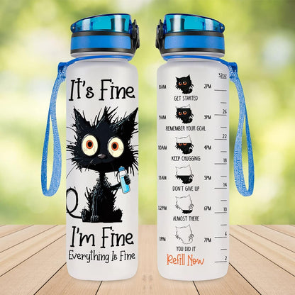 Crazy Cat Water Bottle 32 oz Tritan Plastic, Its Fine Everything Is Fine Water Bottle, Funny Birthday Mothers Day Halloween Christmas Gifts for Pet Lovers Cat Mom Lady Women
