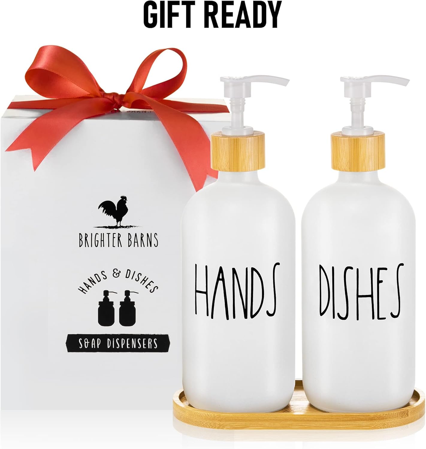 Hand and Dish Soap Dispenser for Kitchen by Brighter Barns - White Kitchen Soap Dispenser Set with Tray - Farmhouse Glass Soap Dispenser - Cute Housewarming, Wedding, Boho Home Decor