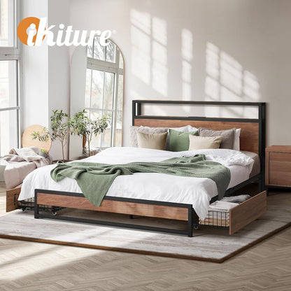 Oikiture Doubel Bed Frame with Led Light and Charge Station Metal Bed with 2 Drawers