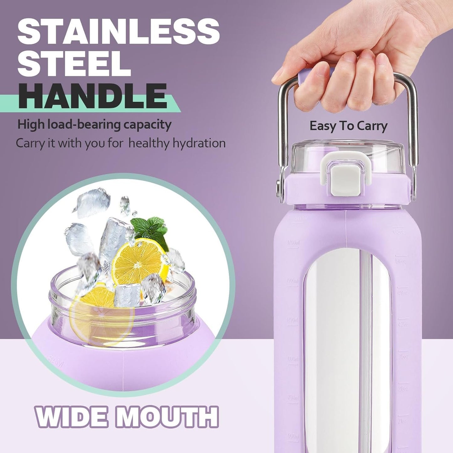 BLUEGO 64oz Purple Glass Water Bottle with Stainless Steel Handle, Time Markers, Silicone Sleeve - BPA Free for Gym, Daily Use, Workout, Travel, Camping, Sports