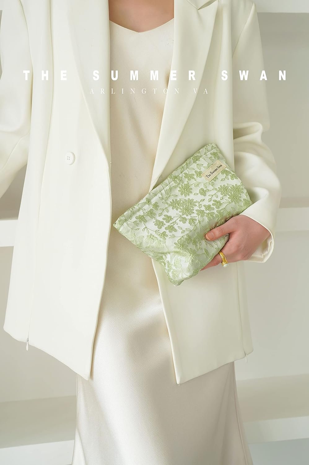 The Summer Swan | Large Aesthetic Floral Makeup Bag | Mid-day Clutch | Period Kit | Hygiene | Skincare | Embroidery Green Fabric Cosmetic Bag With Zipper