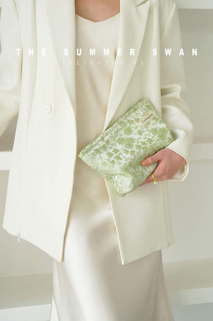 The Summer Swan | Large Aesthetic Floral Makeup Bag | Mid-day Clutch | Period Kit | Hygiene | Skincare | Embroidery Green Fabric Cosmetic Bag With Zipper