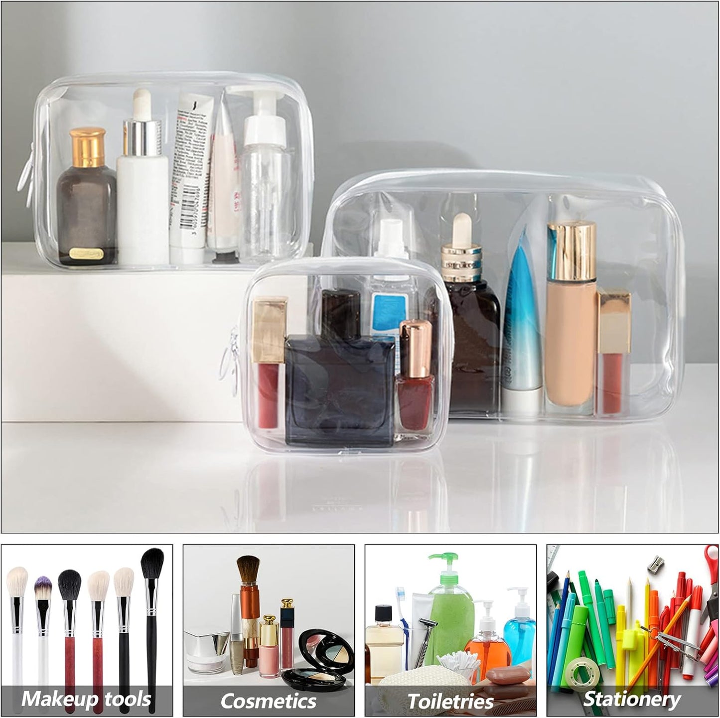 Set of 3 Clear Cosmetic Bags, Double Zipper Sliders Clear Travel Makeup Bags, Water Resistant Toiletry Bags, Portable Clear Pouches, Transparent Travel Pouch Bags (White)