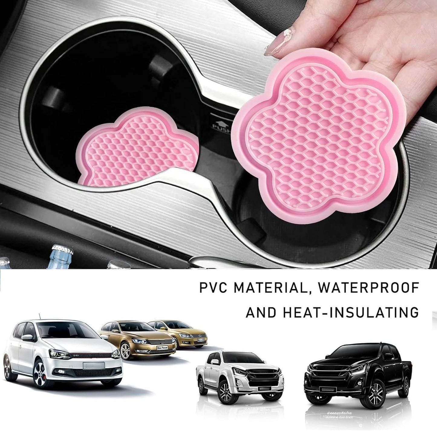 MAEZOE 4-Pack Car Cup Coaster, Universal Auto Non-Slip Cup Holder Embedded in Ornaments Silicone Coaster, Car Interior Accessories (Pink)