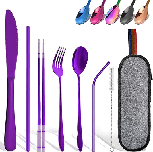 Flatware Set - Travel Camping Cutlery Set - 304 Stainless Steel Portable Utensils Including Case for Lunch School Camping Office (Straw+Straight Straw+Knife+Fork+Spoon+Chopsticks+Cleaning Brush)Purple