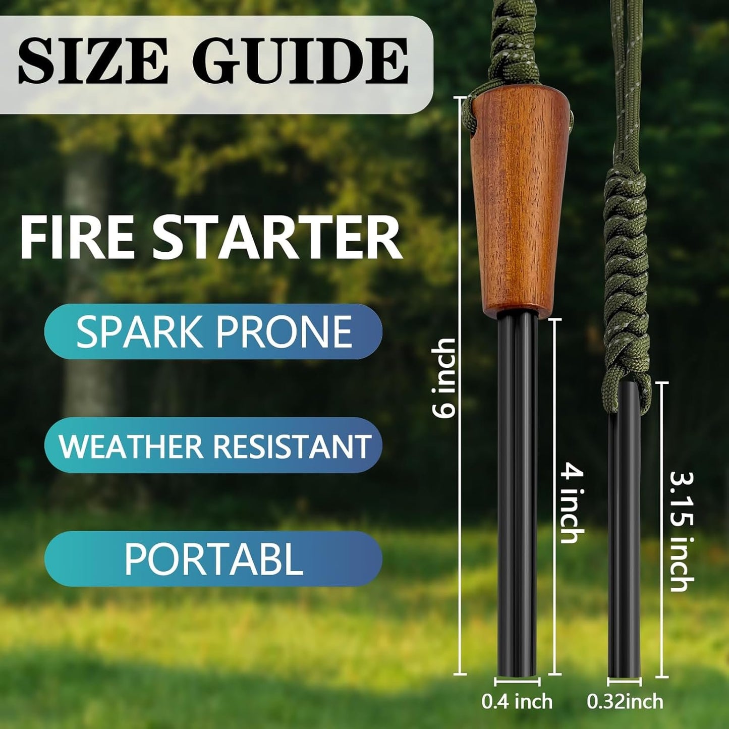 Flint and Steel Lightweight Ferro Rod Fire Starter Survival Tool Lanyard Handle Flint Fire Starter Kit with Multi-Tool Ferro Rod Striker, Survival Whistle, Fire Starter Rope, and Carabiner for Camping