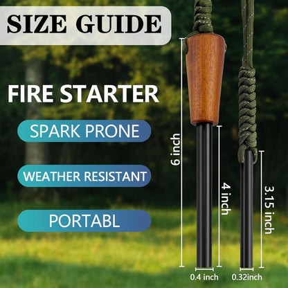 Flint and Steel Lightweight Ferro Rod Fire Starter Survival Tool Lanyard Handle Flint Fire Starter Kit with Multi-Tool Ferro Rod Striker, Survival Whistle, Fire Starter Rope, and Carabiner for Camping