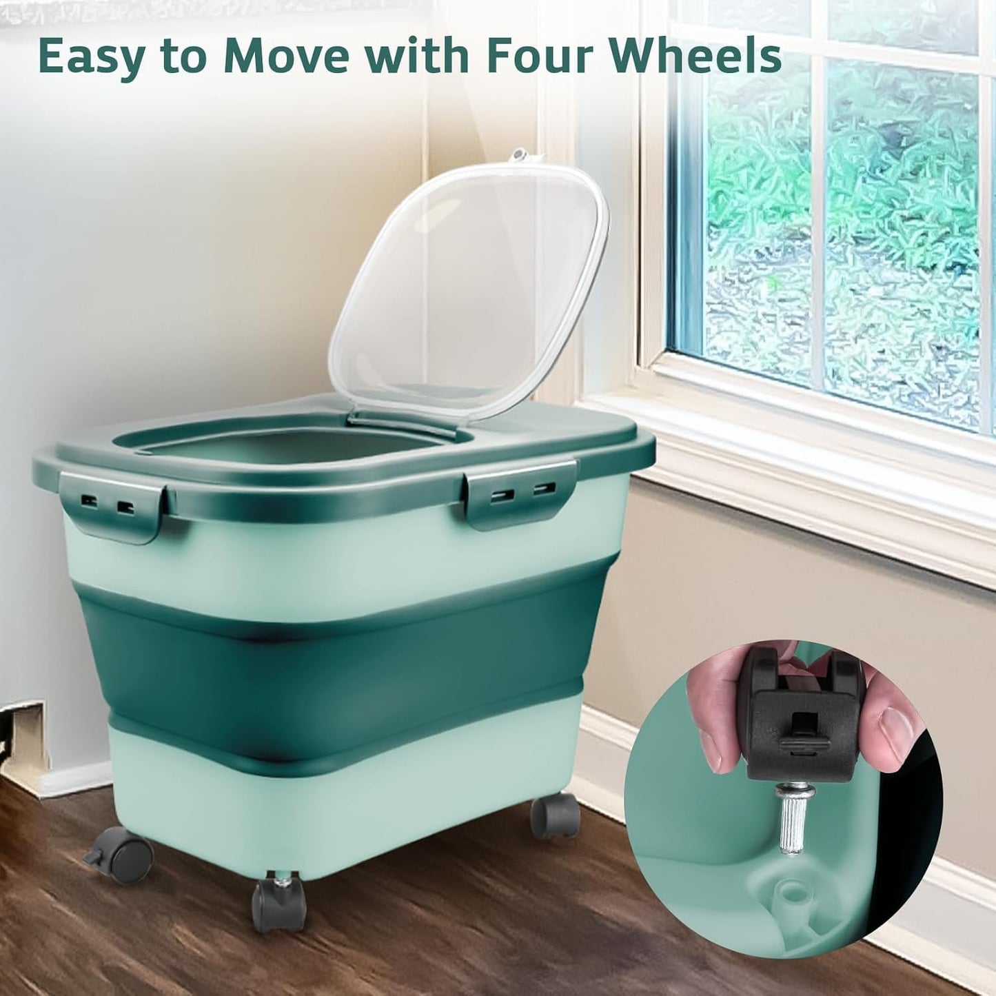 Komzon Rice Storage Containers, Collapsible 10 to 30Lbs Food Storage Bin Dispenser with Rolling Wheel and Clear Airtight Lid, BPA Free Flour, Sugar, Cereal and Dog Cat Pet food Containers