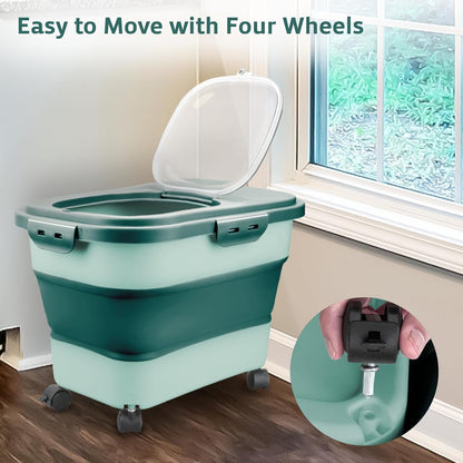 Komzon Rice Storage Containers, Collapsible 10 to 30Lbs Food Storage Bin Dispenser with Rolling Wheel and Clear Airtight Lid, BPA Free Flour, Sugar, Cereal and Dog Cat Pet food Containers